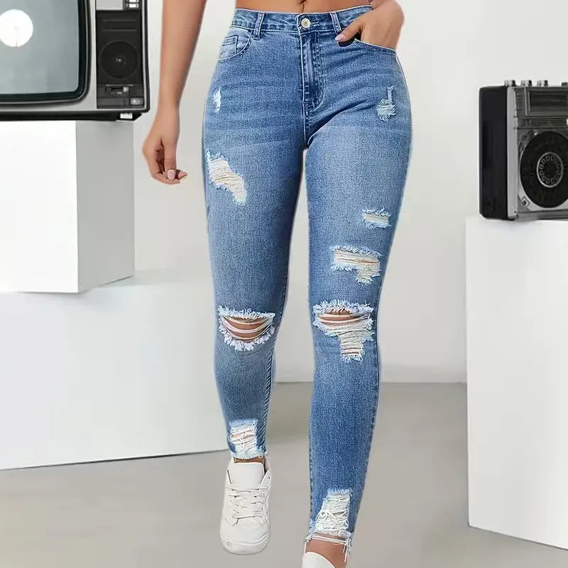 Pantalon Fuselé En Coton 50%+, Style Vêtement De Rue, Longueur Totale, Détails Déchirés