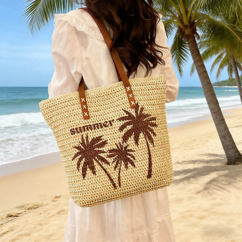 Sac D'épaule Carré En Paille Avec Motif Arbre Tissé Pour Femmes, Élégant Et Léger