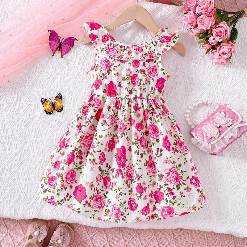 Robe Enfant Fille Style Pastorale À Motif Fleurs En Polyester Avec Manches À Volants Couleur Abricot
