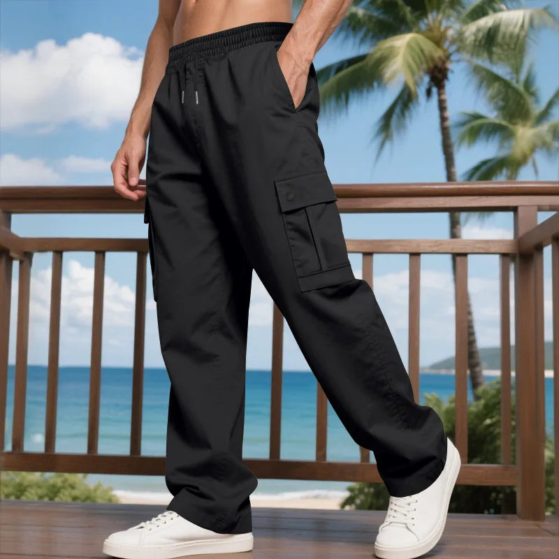 Pantalon Cargo Homme Sport Décontracté En Polyester Avec Multi-poches, Longueur Totale, Couleur Unie Pour Un Style Confortable