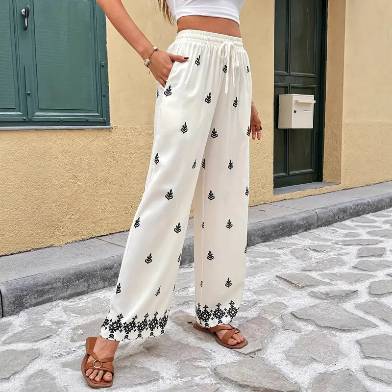 Pantalon Large Décontracté À Impression En Polyester, Longueur Totale, Style Casual Pour Loisirs