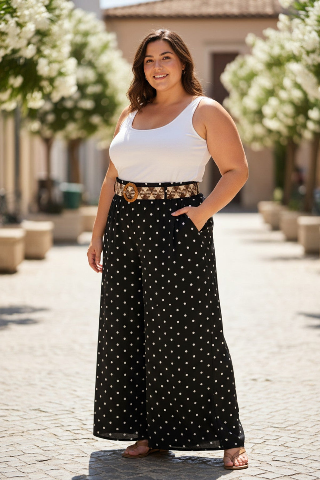 Pantalon Large à Pois Grande Taille avec Ceinture