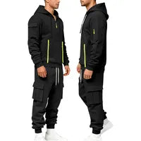 Ensemble Coordonné Sweatshirt Hoodie à Capuche Homme + Pantalon Cargo Polyester Noir