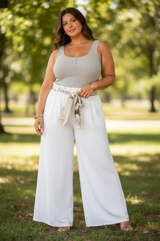 Pantalon Large Taille Élastique avec Foulard