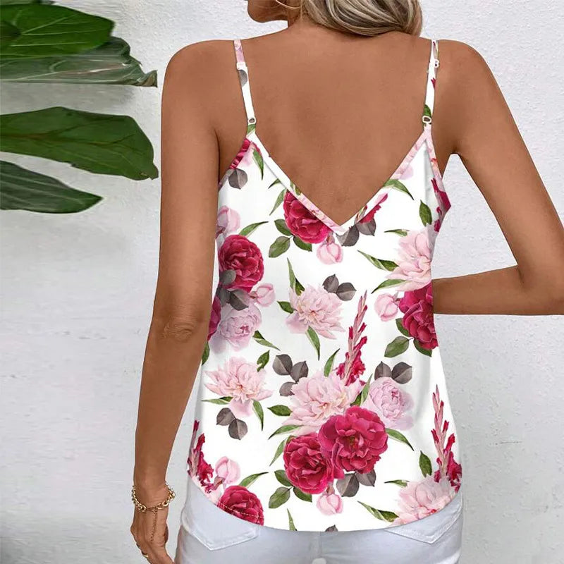 Débardeur À Fines Bretelles Motif Fleurs En Polyester Style Vacances Pour Été