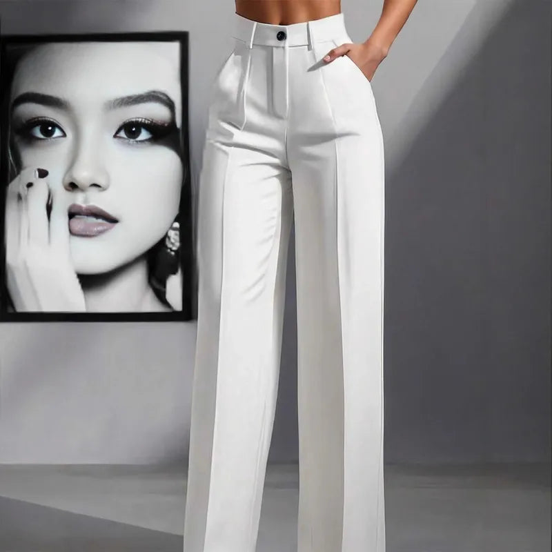 Pantalon De Travail Ample À Taille Haute Plissé Décontracté, Couleur Unie, Polyester Extensible