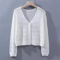 Femmes D'été Creux-out Air Conditionné Chemise Frais Bonbon Couleur V-cou Tricoté Cardigan Léger Respirant À Manches Longues Crème Solaire Chemise