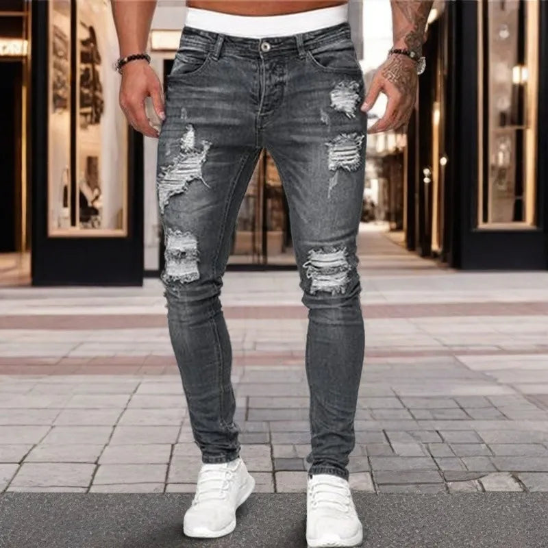 Jeans Slim Fit Pour Hommes Style Décontracté En Coton Élastique Pantalon Longueurs Tendance Rue Design De Trou Pour Les Saisons