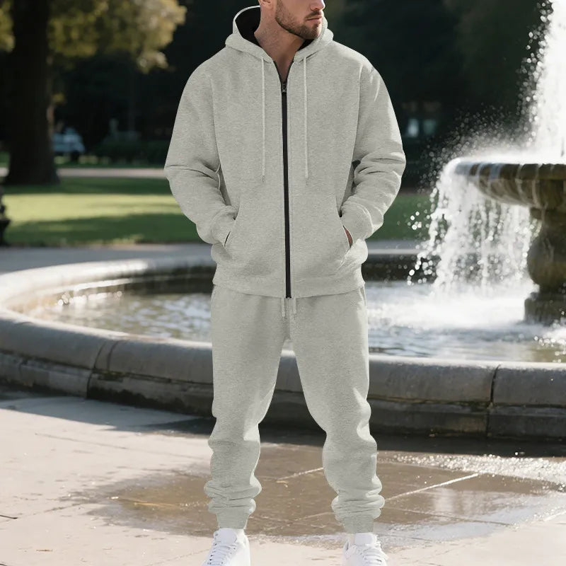 Ensemble Homme Sweatshirt Et Hoodie Gris Clair En Polyester Avec Pantalon Pull Uni À Fermeture Éclair