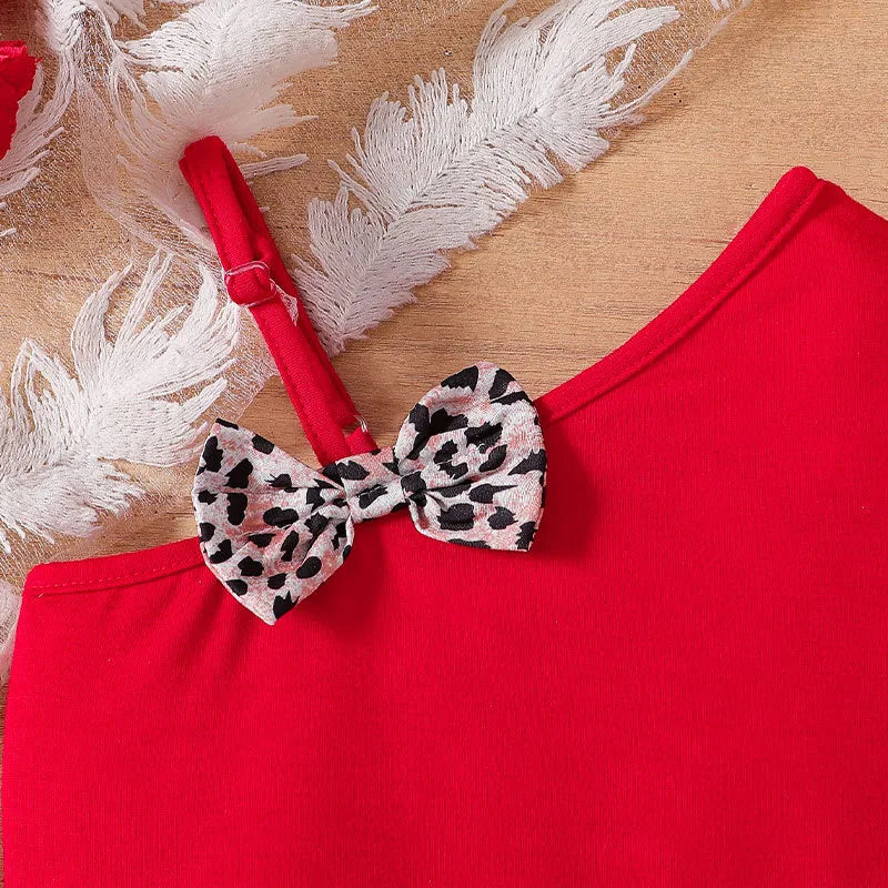 Ensemble Assorti Fille Haut Rouge À Bretelles Avec Nœud & Jupe Courte Imprimé Léopard Style Rétro