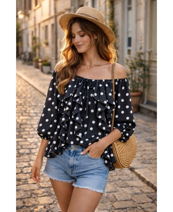 Blouse Épaules Dénudées Pois à Volants