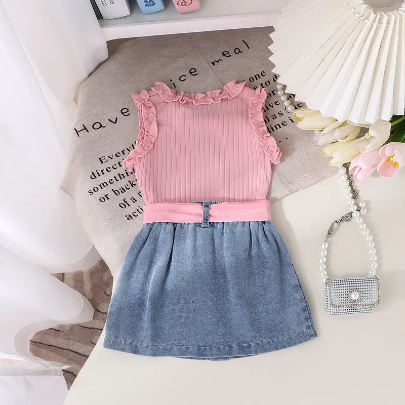 Ensemble De Robe D'été Pour Filles, Couleur Unie, Gilet Dentelle, Mini-jupe En Jean & Ceinture, 3 Pièces, Mélange Coton