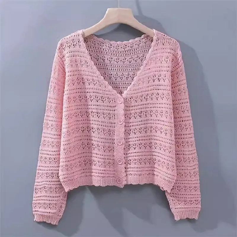 Femmes D'été Creux-out Air Conditionné Chemise Frais Bonbon Couleur V-cou Tricoté Cardigan Léger Respirant À Manches Longues Crème Solaire Chemise