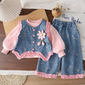 🌼 Ensemble Fille 3 pièces Fleur Romantique – Denim & Volants 🌼