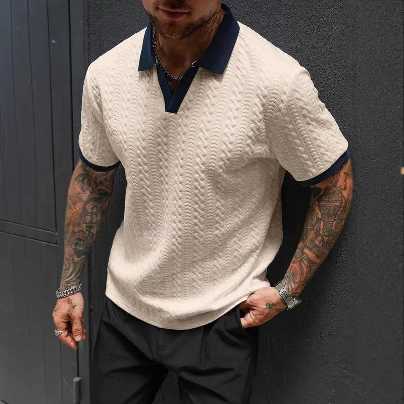 Polo Homme En Polyester À Manches Courtes, Style Décontracté Avec Col En Enfilage Et Motif Jacquard