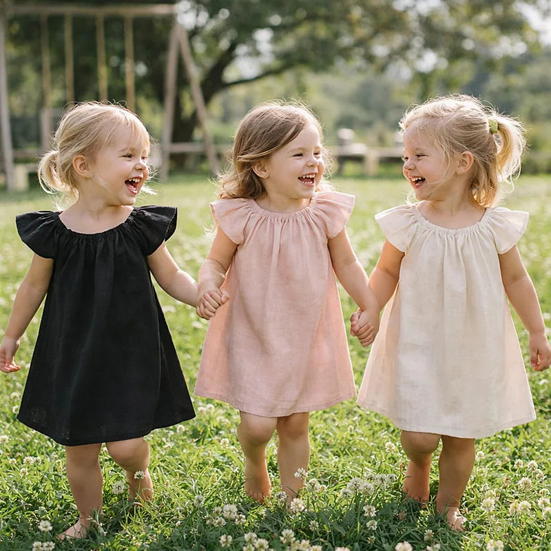 Robe Fille Sans Manches Col Rond En Lin – Couleur Abricot Style Mignon
