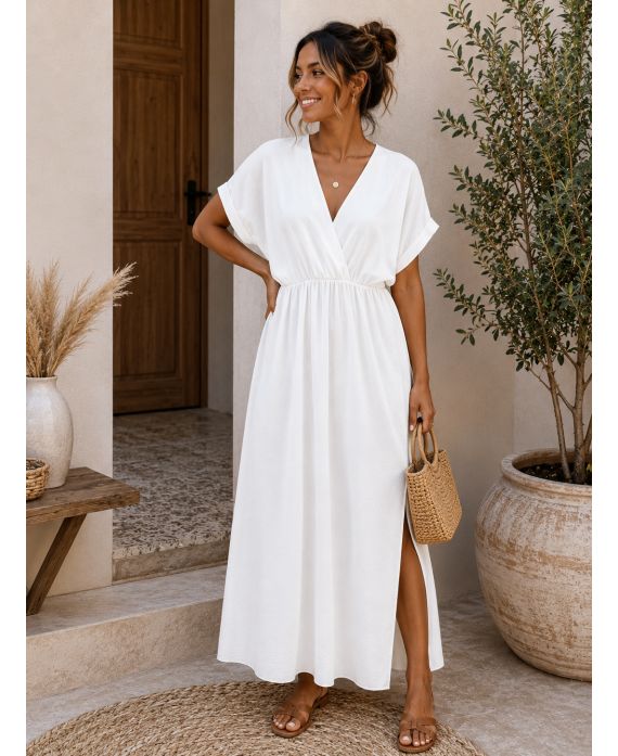 Robe Maxi Col V Manches Courtes