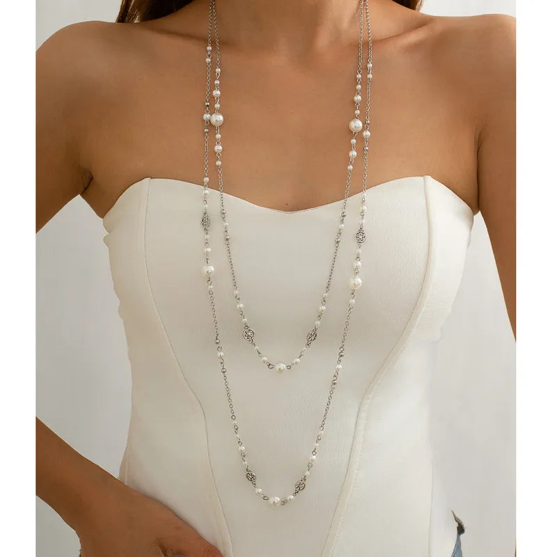 Collier Long Élégant En Perles Pour Femmes Style Ethnique Vintage Chaîne De Pull Mode Bijoux Géométriques Plaqué Ligne