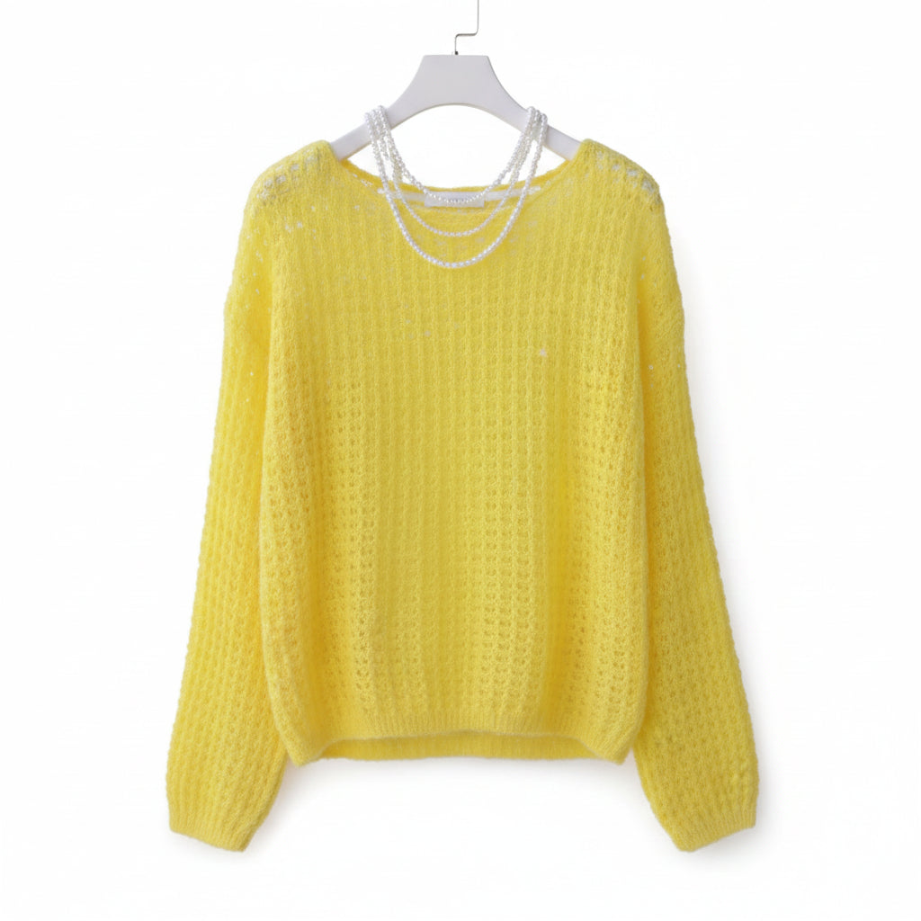 Pull Femme À Col En Enfilage, Tricot Ajouré, Couleur Unie, Manches Longues