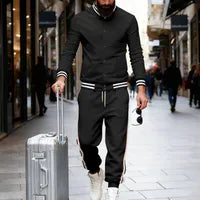 Ensemble De Jogging Homme Décontracté Avec Motif Bande, Couleur Teint En Noir, En Polyester Pour Un Usage Quotidien