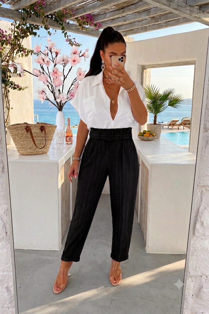 Pantalon taille haute ceinturé noir à rayures fines