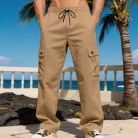Pantalon Cargo Homme Sport Décontracté En Polyester Avec Multi-poches, Longueur Totale, Couleur Unie Pour Un Style Confortable