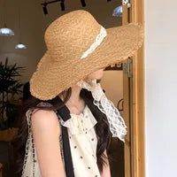 Chapeau De Paille À Large Bord En Dentelle D'été Pour Femmes, Chapeau De Plage, Chapeau De Voyage En Plein Air, Chapeau De Photographie De Vacances