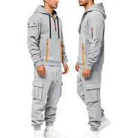 Ensemble Coordonné Sweatshirt Hoodie à Capuche Homme + Pantalon Cargo Polyester Noir