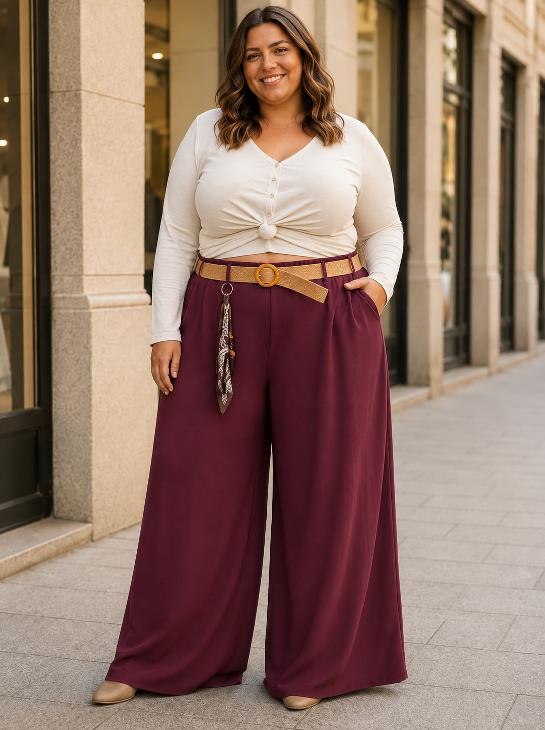 Pantalon élégant en viscose pour femme, ceinturé, parfait pour l'automne/hiver, coupe confort grandes tailles