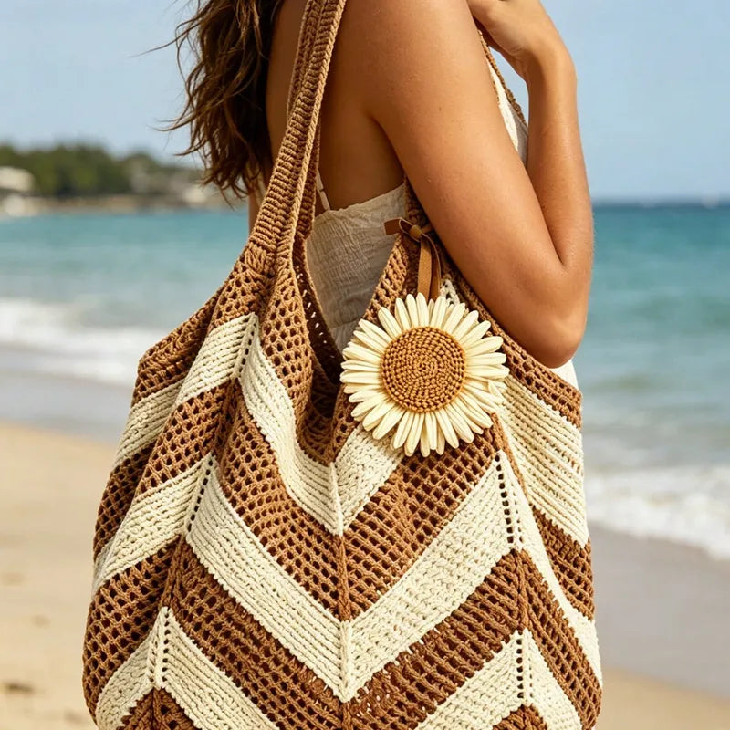 Sac Cabas Tressé Unisexe — Motif Chevron Bicolore & Fleur