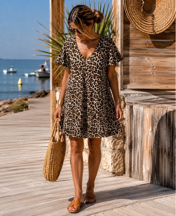 Robe Léopard Col V Femme | Longueur 82 cm