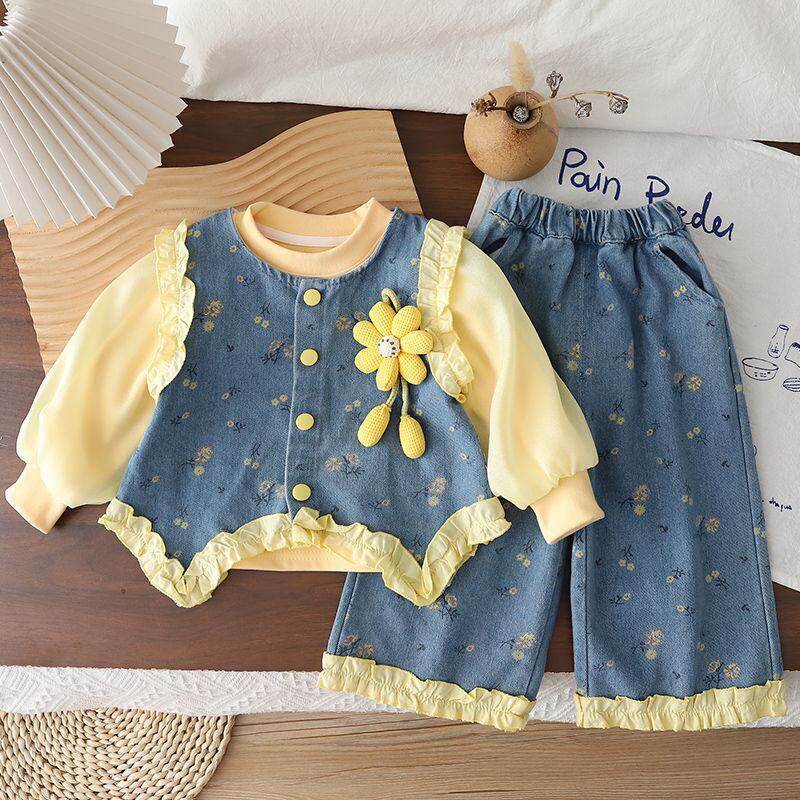 🌼 Ensemble Fille 3 pièces Fleur Romantique – Denim & Volants 🌼