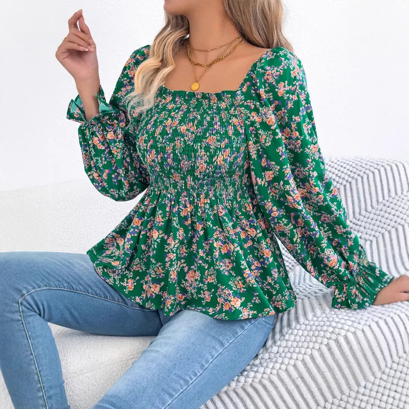 Blouse Bohémienne En Tissu 95%+ Pour Femmes Style Européen Et Américain À Manche Longue Avec Col Carré
