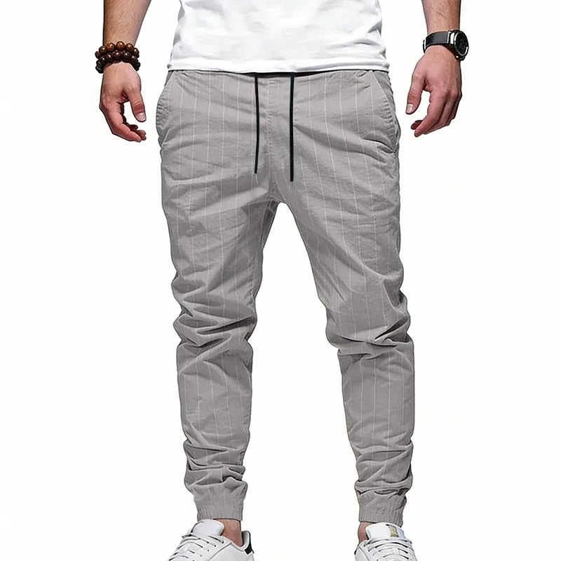 Pantalon De Jogging Homme Décontracté À Rayures En Lin, Longueur Totale, Style Casual Confortable Pour Loisirs