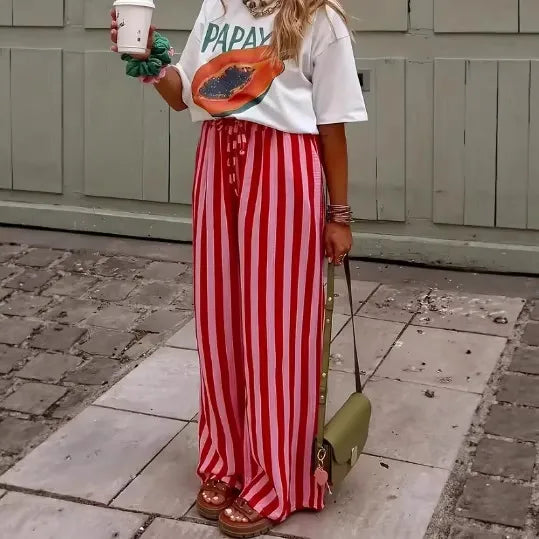 Pantalons Décontractés À Motif Bande En Longueur Totale Avec Tissu En Élasthanne Et Imprimé, Style Décontractée