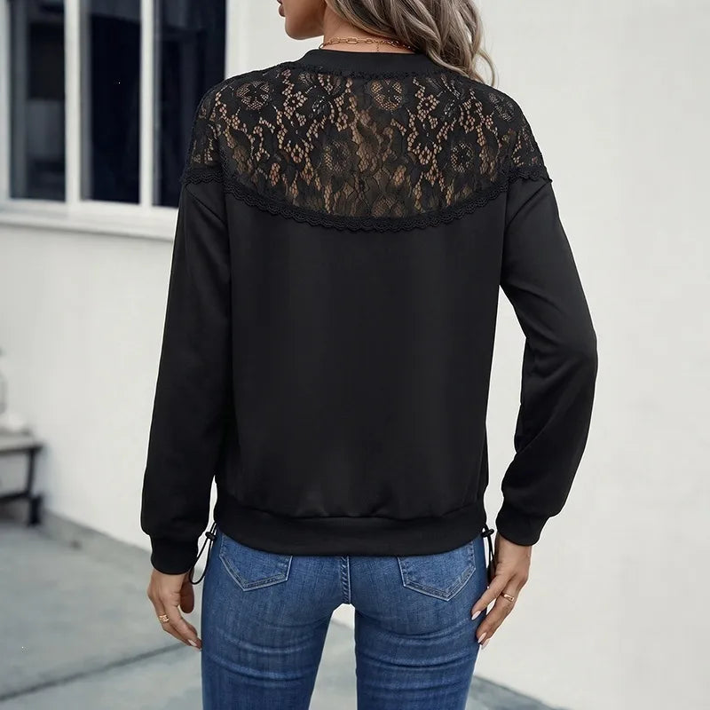T-shirt Femme Élégant À Manches Longues En Polyester Avec Motif Dentelle, Col Rond