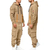 Ensemble Coordonné Sweatshirt Hoodie à Capuche Homme + Pantalon Cargo Polyester Noir