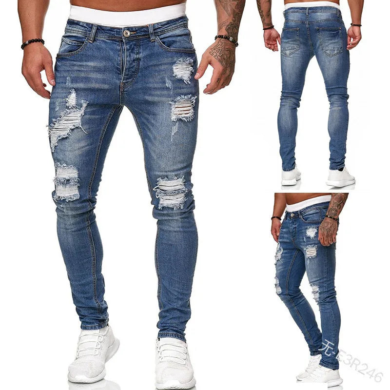 Jeans Slim Fit Pour Hommes Style Décontracté En Coton Élastique Pantalon Longueurs Tendance Rue Design De Trou Pour Les Saisons