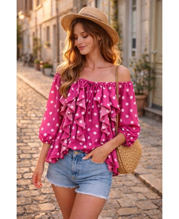 Blouse Épaules Dénudées Pois à Volants