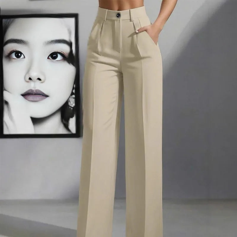 Pantalon De Travail Ample À Taille Haute Plissé Décontracté, Couleur Unie, Polyester Extensible