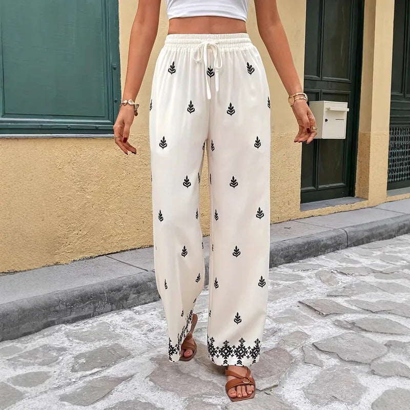 Pantalon Large Décontracté À Impression En Polyester, Longueur Totale, Style Casual Pour Loisirs