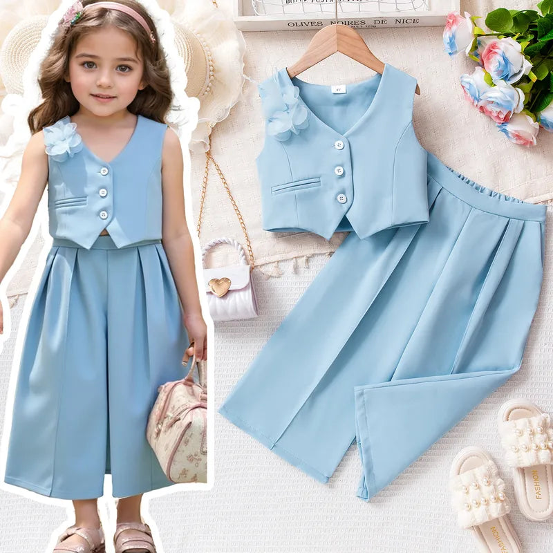 Costume Gilet & Pantalon Fille - Bleu Ciel
