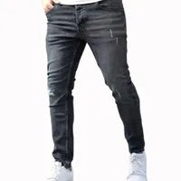 Jeans Ajustés Pour Hommes, Extensibles, Design Délavé Et Déchiré, Tissu En Coton Confortable, Pantalon Long Taille Mi-haute Pour Toutes Les Saisons