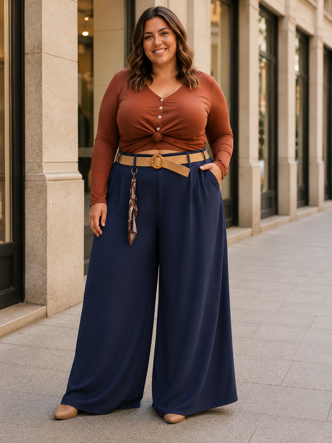 Pantalon élégant en viscose pour femme, ceinturé, parfait pour l'automne/hiver, coupe confort grandes tailles