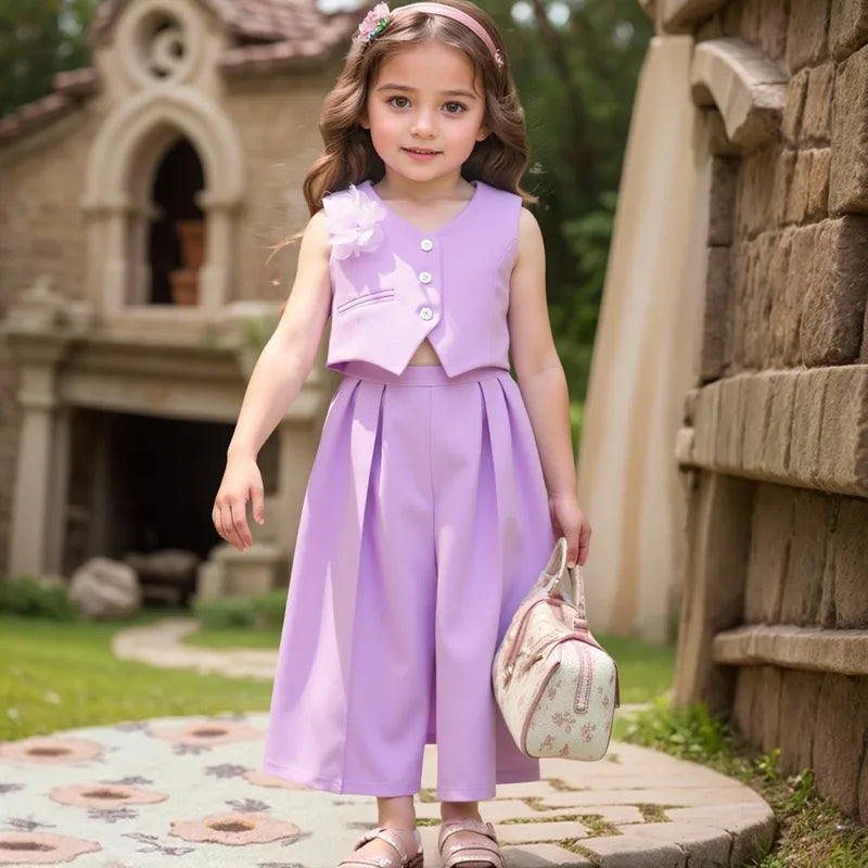Costume Gilet & Pantalon Fille - Bleu Ciel