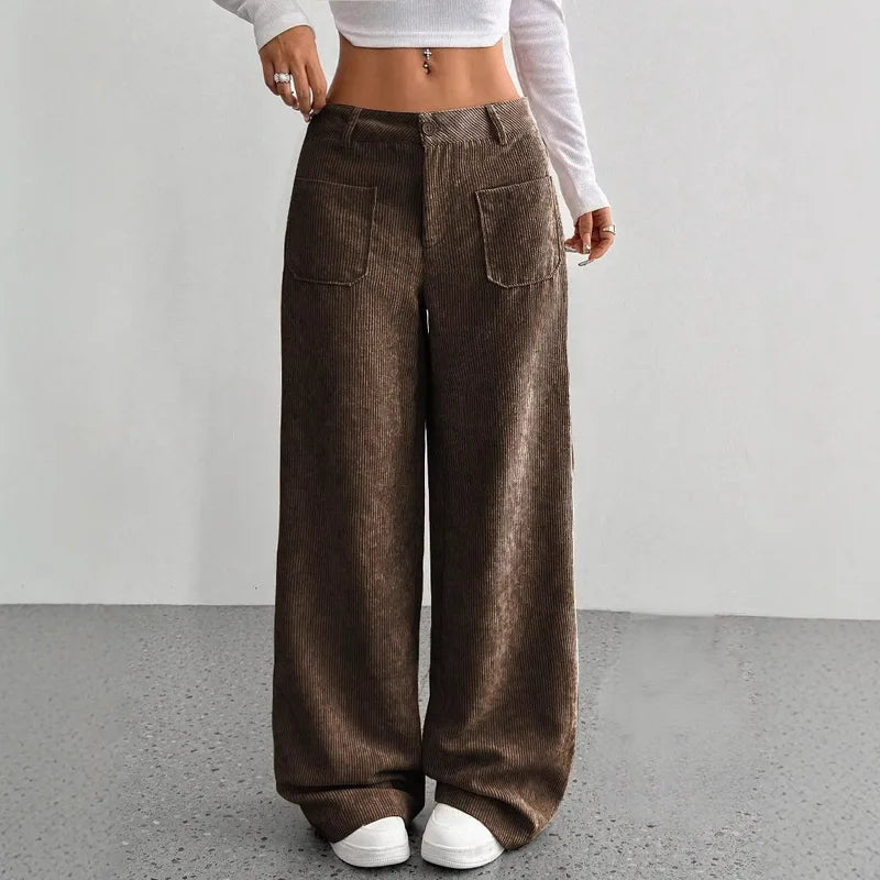 Pantalon Large Décontracté Pour Femmes De Longueur Au Sol Avec Poches Coloris Unis Taille Élastique Polyester Velours Taille Basse