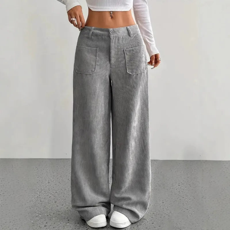 Pantalon Large Décontracté Pour Femmes De Longueur Au Sol Avec Poches Coloris Unis Taille Élastique Polyester Velours Taille Basse