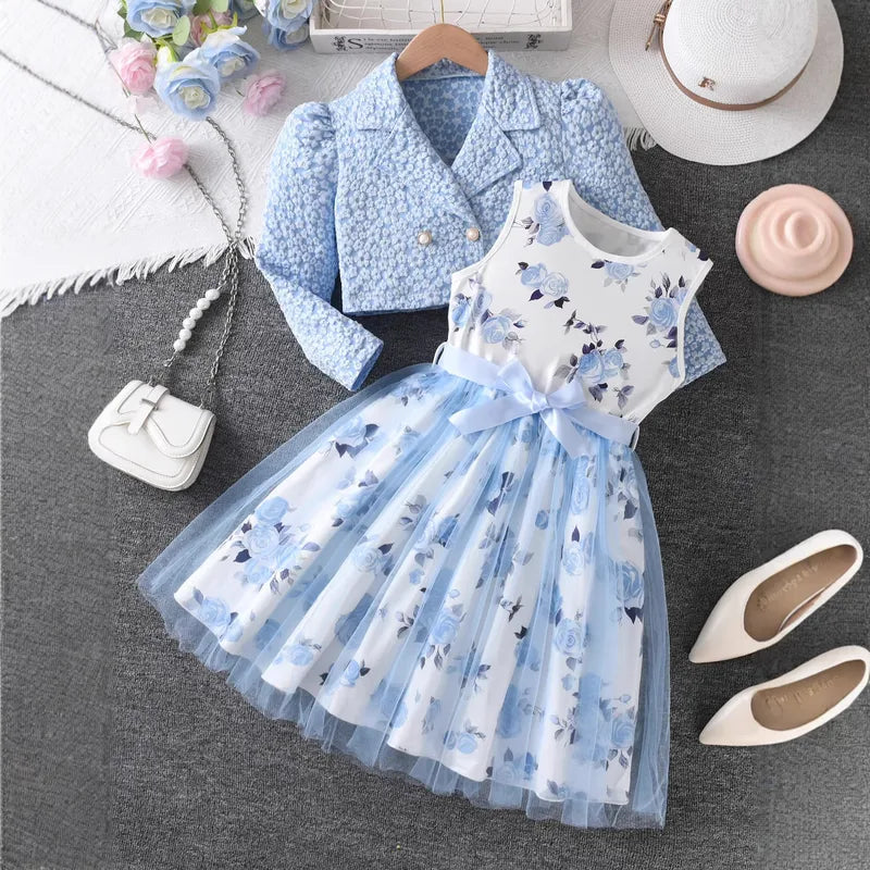 Ensemble Robe Princesse Fille Motif Rose En Polyester Avec Tulle, Lot De 2 Pièces Pour Enfant