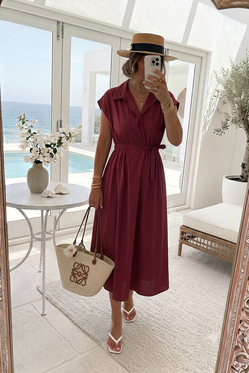Robe longue en coton col chemise