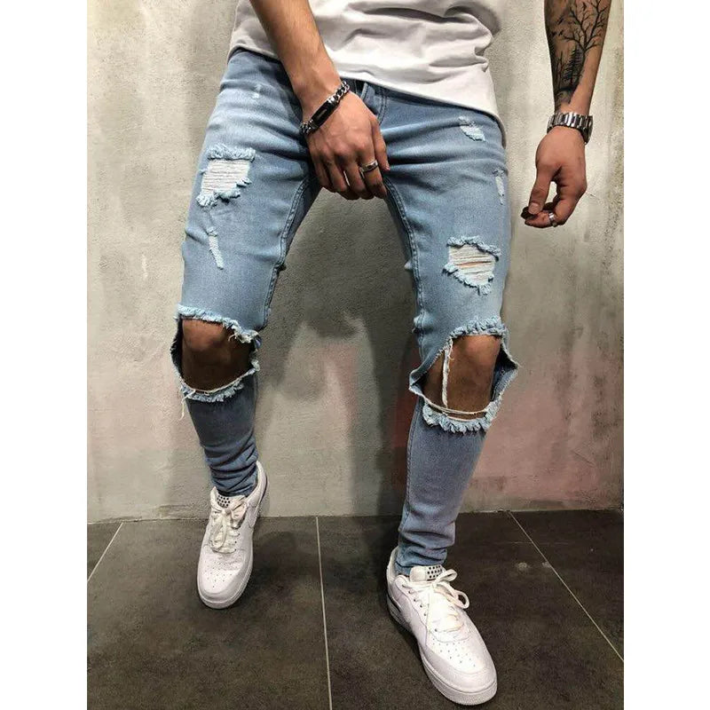 Jeans Slim Déchirés Pour Hommes – Bas De Streetwear Géométrique